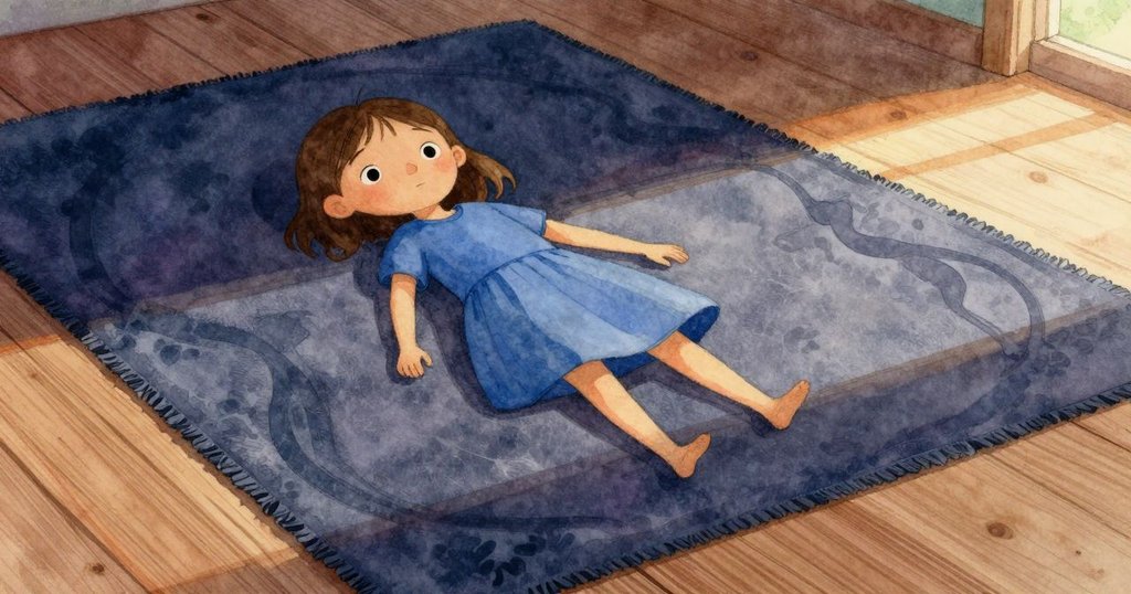 普魯在明亮晨光中，以輪廓呈現，坐於厚實地毯上，旁邊有橫置彩色鉛筆杯，展現新一天的開始與希望