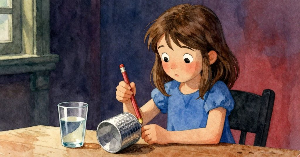 普魯正專注地拾起傾斜的彩色鉛筆杯，桌上水杯和小燈映襯出整齊溫馨的家庭氛圍，充滿細膩情感