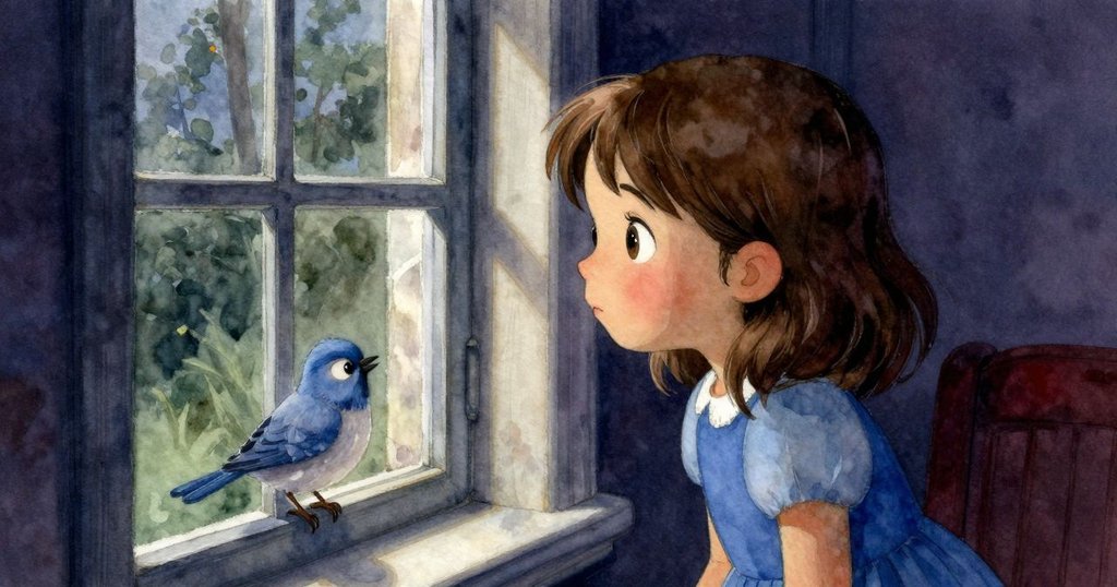 普魯透過窗戶凝視，窗外一隻藍鳥靜靜棲息，她的表情充滿好奇，呈現出室內外柔和的交織氛圍