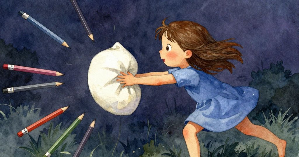 普魯微笑著用柔軟枕頭推動杯子，彩色鉛筆隨之跳躍彈奏，現場充滿歡樂動感與溫馨節奏