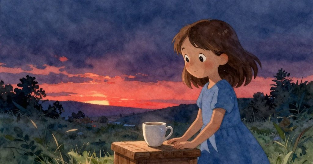 夕陽餘暉灑入室內，普魯微笑著注視穩固於木塊上的杯子，整個空間彌漫著溫暖與寧靜的結局