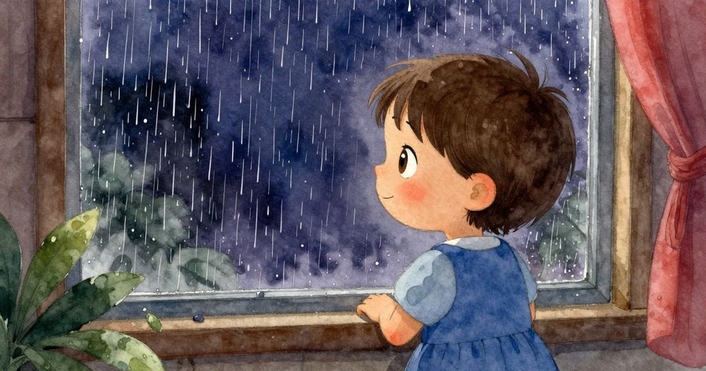 小孩1站在室內雨窗前凝視流動雨滴和貼紙，房間溫暖燈光與外面雨霧交織，充滿好奇與寧靜情緒