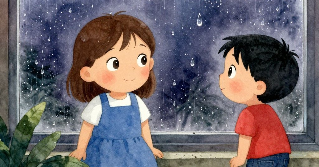 小孩1的眼睛特寫映出雨滴與模糊窗圓，表露出強烈好奇與情感，背景呈現溫暖與朦朧美感