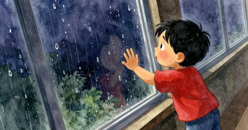 小孩2以傾斜角度觀察窗外雨滴，輕觸玻璃與合併水珠，窗邊貼紙增添趣味，展現互動與驚喜情感
