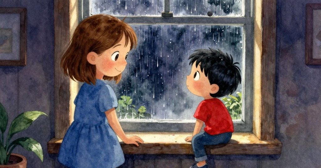 從高處俯視整個溫馨房間，窗外雨滴沿窗框滑動，小孩1與小孩2專注觀看互動，營造動感與溫暖氛圍