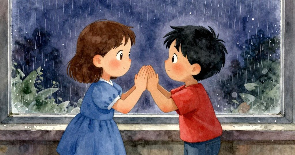 小孩2輕聲呼喚小孩1注意窗外，兩人含笑分享發現轉瞬即逝的霧狀圓痕，室內柔和光線烘托情感