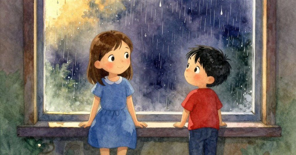 窗邊最後一滴雨停留於光亮玻璃上，房間充滿金色溫暖，象徵寧靜告別，全景呈現平和結局