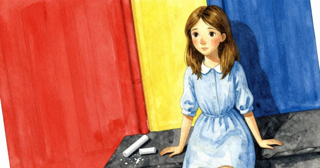 喬艾爾在傾斜角度中小心提起破碎的粉筆，石板上有幽靈般痕跡，神情專注且略帶緊張，場景充滿神秘氛圍。