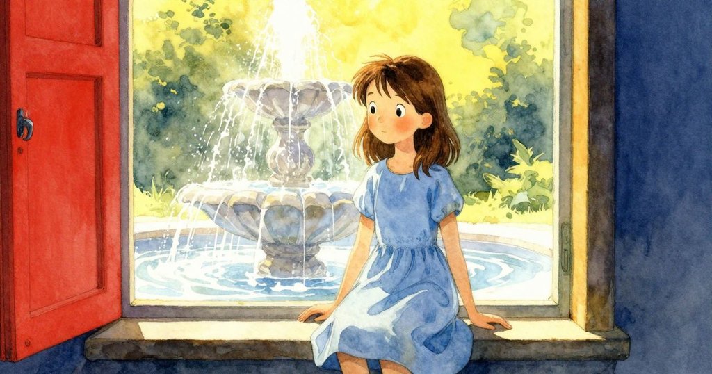 喬艾爾透過窗戶觀察戶外噴泉中飄動的灰塵，神情好奇而平靜，窗外景致清新而溫暖。