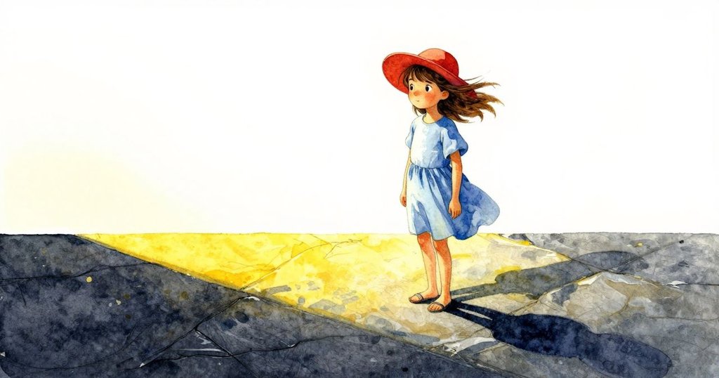 喬艾爾站在石板平台上翻看筆記本，微風吹動帽子，光影交錯，呈現時間流轉的平靜瞬間。