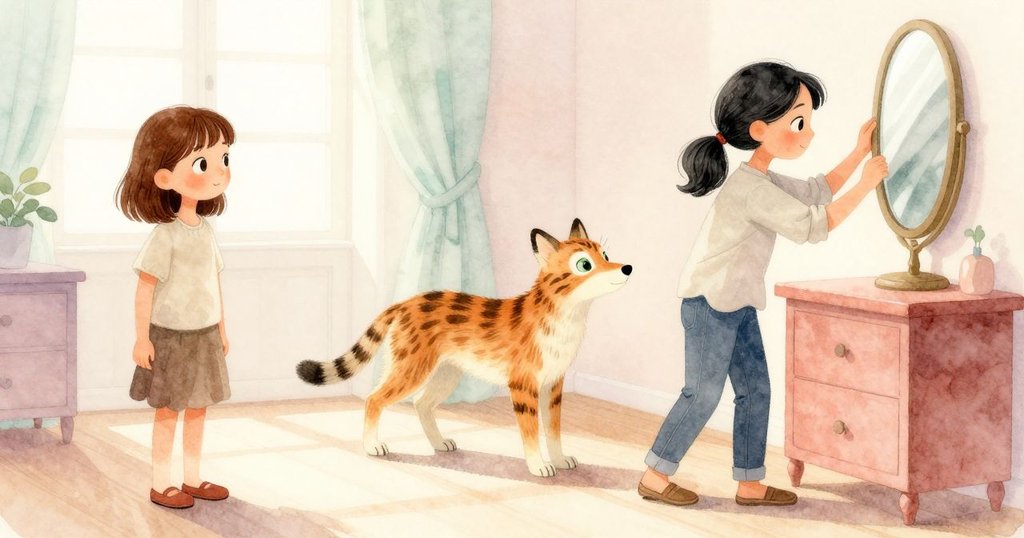 在明亮的晨光中，Bea在桌邊調整鏡子，窗台上的虎斑貓好奇注視，Yolanda在窗簾旁翻閱雜誌，充滿溫暖活力