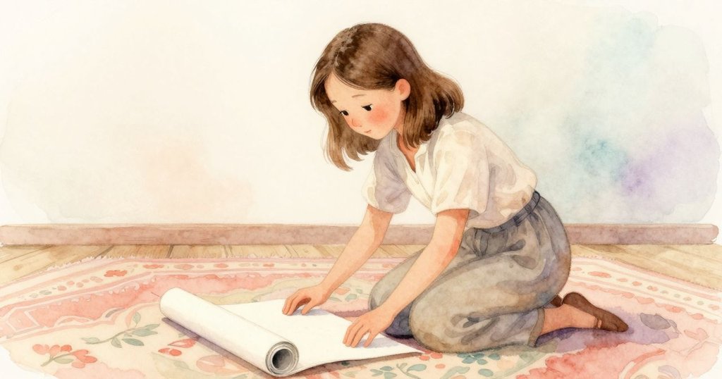 Bea跪在帶花紋的地毯上，用展開的探險海報穩固書本與鏡子，室內散發溫柔懷舊氛圍，動作專注