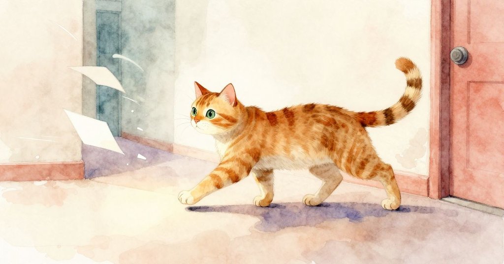 光束在白卡上滑動，紙張隨風輕飄，虎斑貓蓄勢待發，室內走廊中動態氣氛明顯，充滿活力