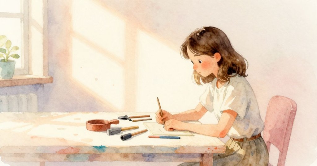 午後微光中，Bea安坐於整齊擺放工具的桌旁，牆上柔和光斑緩緩移動，室內彌漫著平靜滿足感