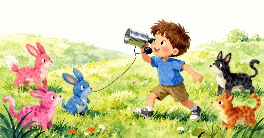 Nestor在戶外熱情敲擊鐵罐，鳥兒與小動物環繞，展現開始修理過程的活力