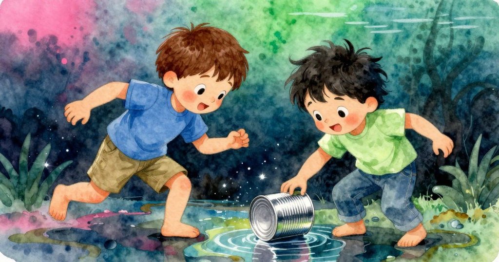 鐵罐部分沉浸在水坑中，倒影中展現連接線條，富有夢幻感，充滿創意修理氛圍