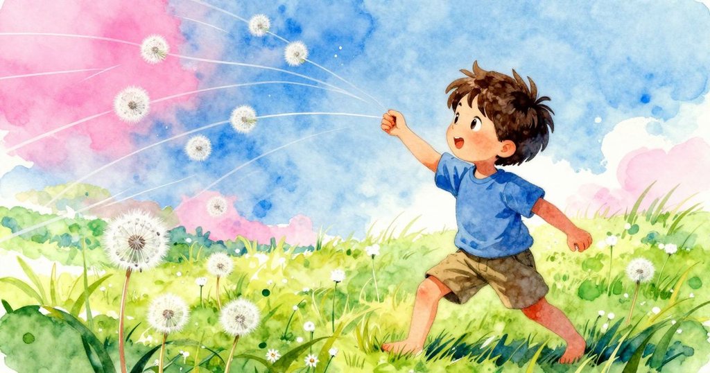 線頭在風中強勁拉扯，蒲公英隨風搖曳，展現動態修補場景，充滿力量與活力