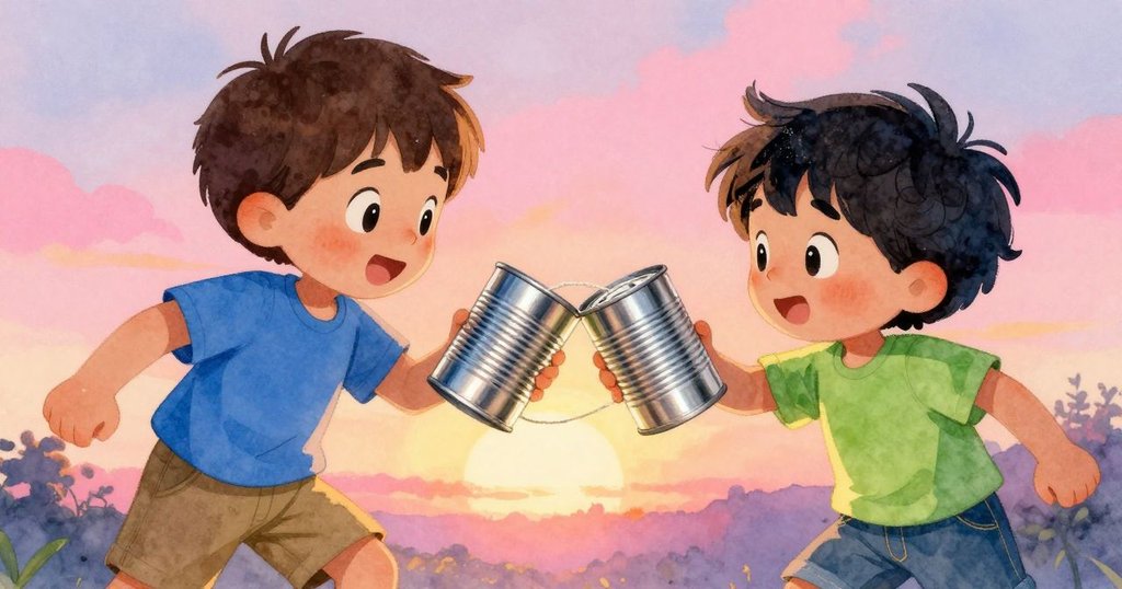 Nestor與Ivan共見修補成功，鐵罐輕觸傳情，背景溫暖，象徵友誼與圓滿結局