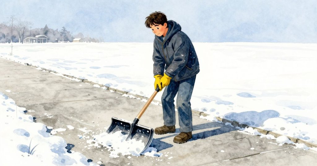父親在雪天用鏟子清理人行道，金屬聲音明顯，背景雪白廣闊，展現冬日勞作的堅定與溫暖。