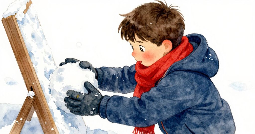 男孩專注地在木板上捏造雪球，紅色圍巾隨風微動，展現雪燈初成的細膩製作。