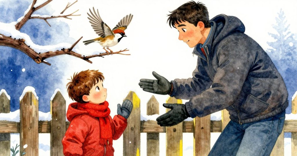 小麻雀從雪松籬笆上急速飛起，拍打著雪花，一旁灰松鼠警覺地注視著動態場景，充滿冬日活力。