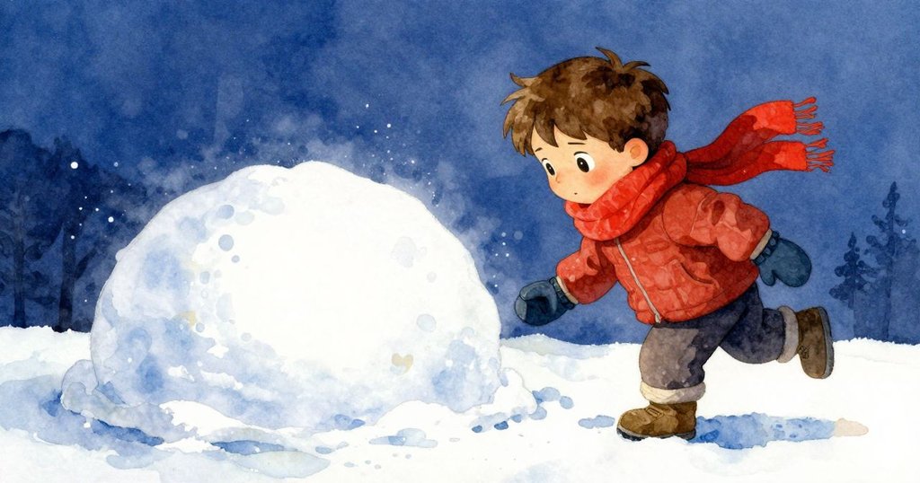 男孩停下腳步，仔細觀察帶有融水閃光的雪燈，臉上流露出溫柔回憶，背景透露淡金色懷舊光影。