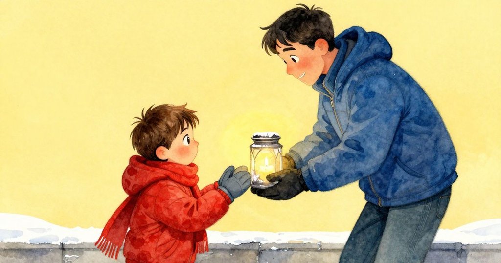 父親舉起蠟燭罐慶祝，男孩驚喜欣賞雪燈，兩人笑容洋溢，在剛清理的門階上共享暖意時刻。