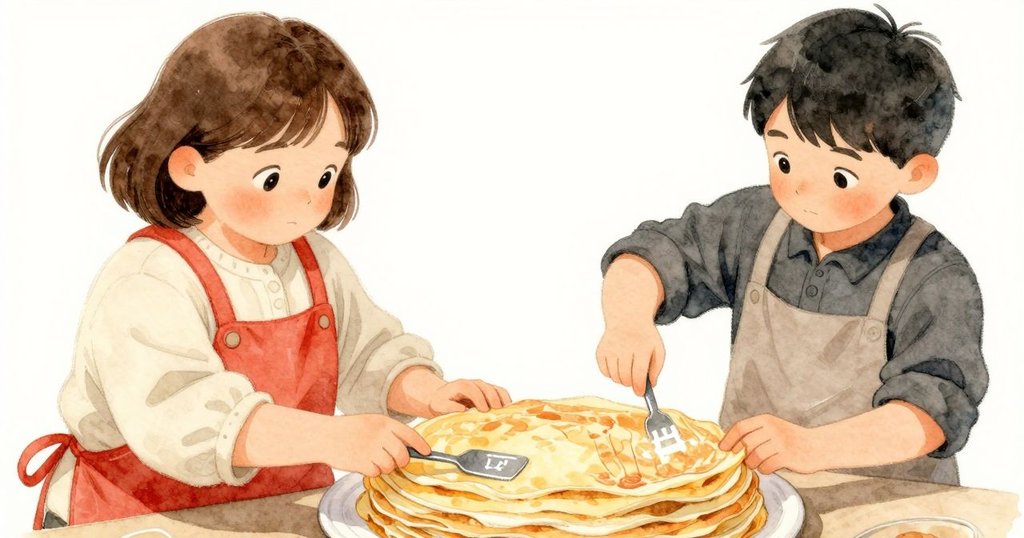 可麗餅堆逐漸傾斜, Verity調整鍋鏟, Yves用粉筆記數, 呈現獨特角度與動態廚房情境