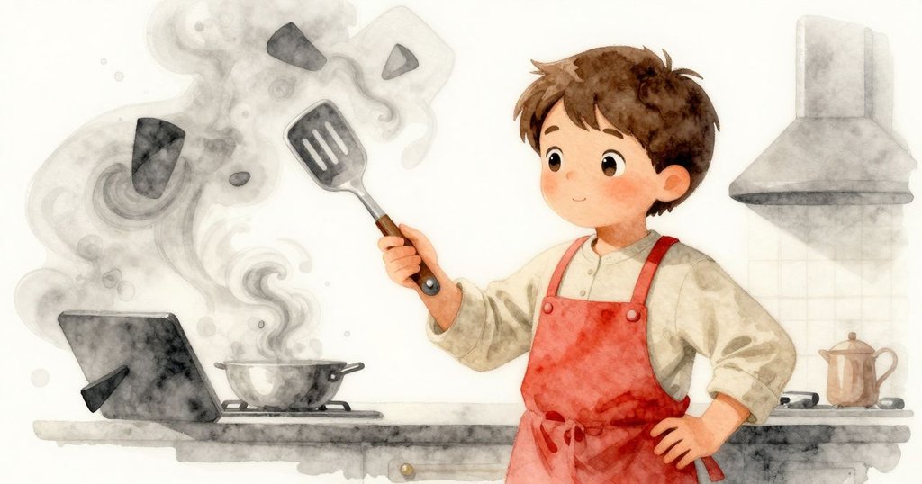 廚房內金屬表面與旋渦蒸汽交織成超現實幾何, Verity專注操作鍋鏟, 呈現創意非凡的場景