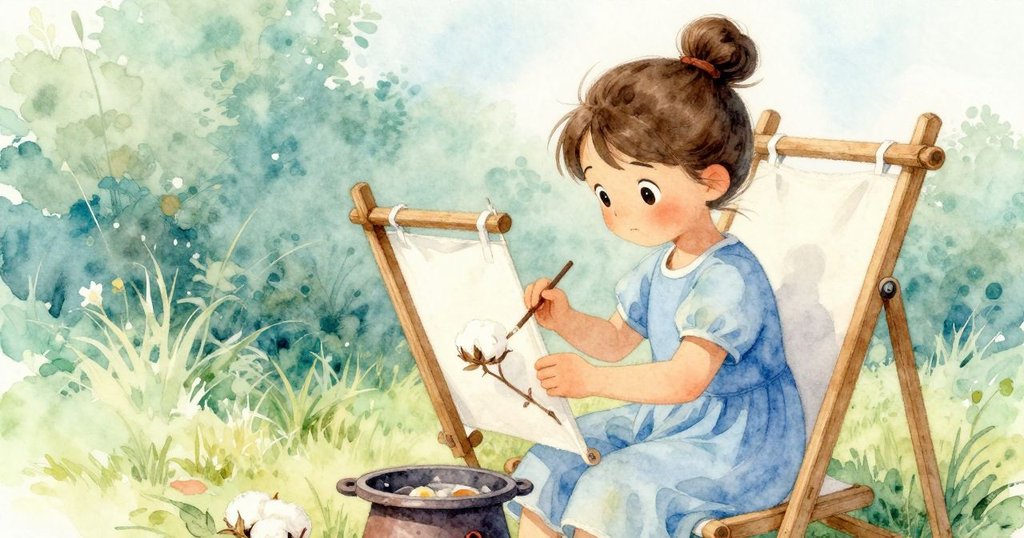 威拉在戶外染色場用棉花輕撫木質相框，燭爐旁溫柔環境中展現創造力與專注