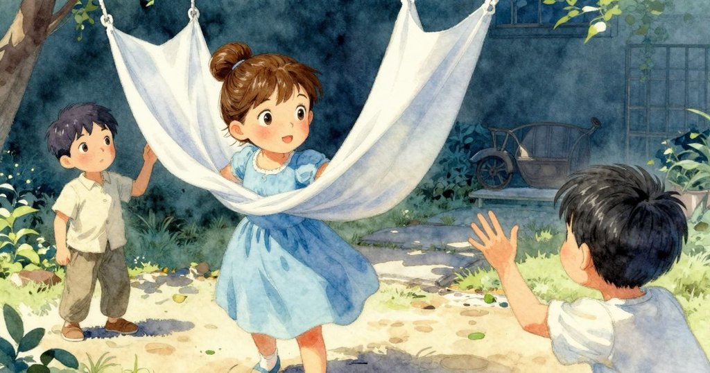 戶外庭院中威拉急忙抓住搖擺的布條，克萊德從鄰近相框呼喚，動態瞬間充滿活力