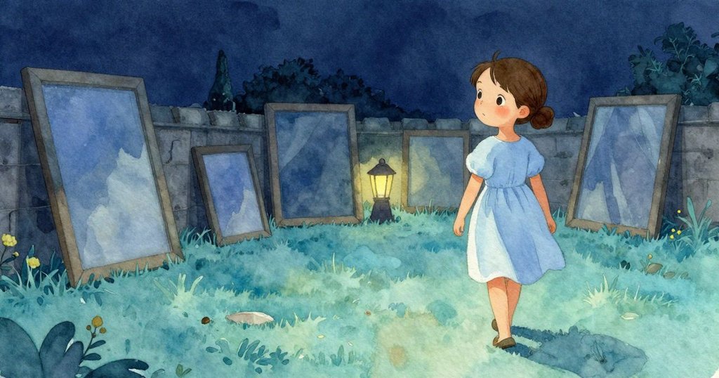 傍晚時分威拉走向新希望，靜謐庭院中空框與懸掛藍布在燈光下呈現平靜結局