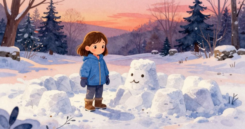 帕洛瑪站在半建雪堡前,獨自伫立在雪地中,雪花飄落,表情專注,環境靜謐展現開始動作。