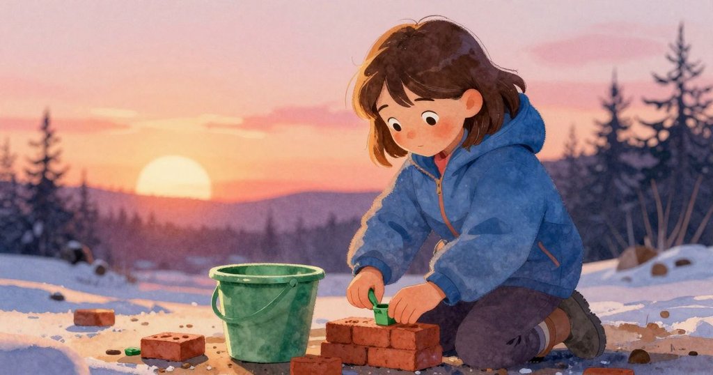 帕洛瑪聚精會神地研究綠色塑料模具與水桶,在門廊供應區,背景溫暖光線與雪景交織,展現創作熱情。