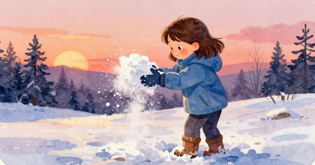 從帕洛瑪背後看,她正細心地舀取雪粉,雪花輕飄,動作專注,展現雪堡製作過程中的溫柔凝思。