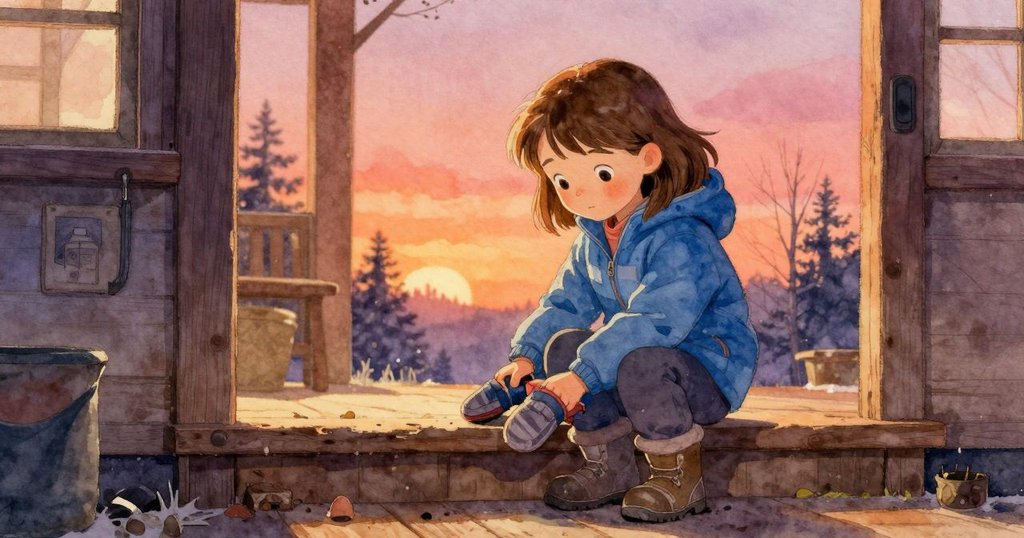 帕洛瑪在門廊區從外套口袋取出備用手套,背景顯露暖光與雪景,細節處呈現織布地毯與雪毯結合的溫馨。