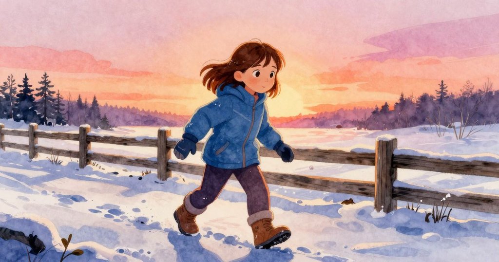 帕洛瑪在深雪邊前行,手持模具步伐堅定,背景呈現木柵欄與厚雪,展現決心與即將調整磚塊的專注。