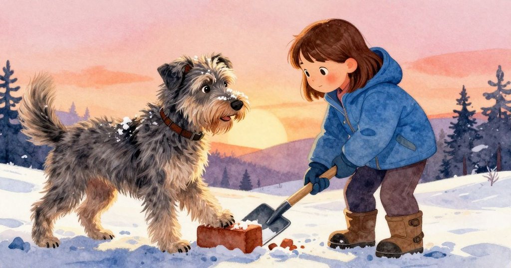 阿特拉斯用爪試探雪坡,帕洛瑪輕巧調整搖晃磚塊,兩者互動傳遞成就感,雪堡入口背景充滿溫暖冬意。