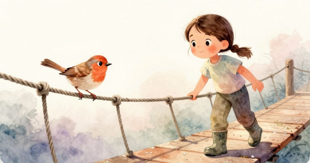 海倫娜站在繩橋起點，栗色鶇在欄杆上啄食，清晨陽光灑落，現場充滿期待與寧靜