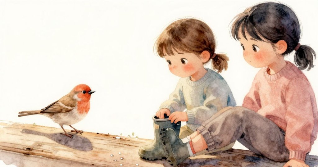 海倫娜的手仔細將橡膠靴放置在露珠閃耀的木板上，金色陽光從隙縫間灑落，充滿細膩情感