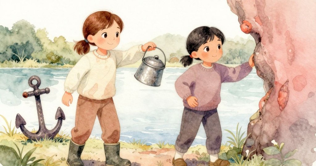 梅在河邊的錨柱後面微笑招呼，海倫娜在背景中小心握著半滿的橙色水罐，畫面溫馨生動