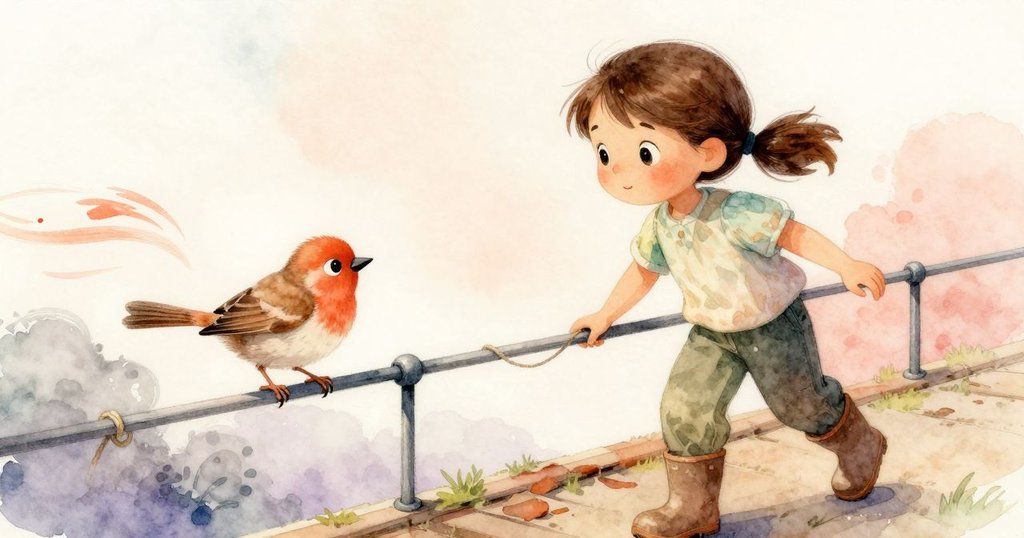 海倫娜在搖曳的繩橋上緊握著充滿橙色液體的罐子，一隻栗色鶇啄食垂下的麻繩，展現自然妙趣