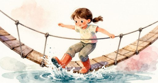 Orange Tin and Wren on the Low Rope Bridge