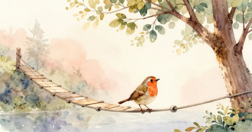 午後柔和光線下的空繩橋上，一隻栗色鶇叼著麻繩飛向白楊樹枝，畫面平靜而美好