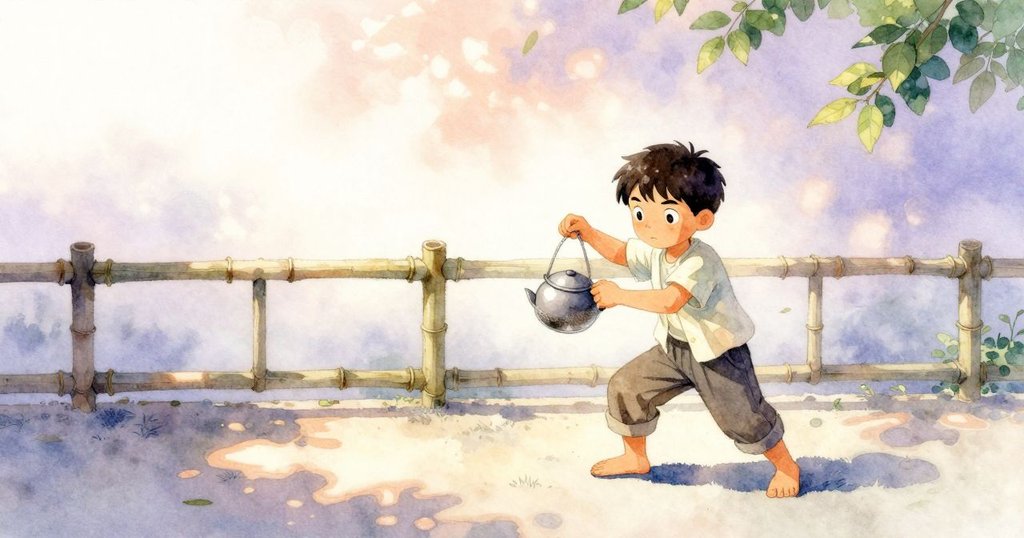 男孩在露台上搖晃茶篩，四周有竹框及石徑，晨霧中展現從開始到行動的轉變