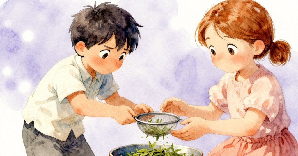 男孩的雙手專注操作茶篩，撿取茶葉並插入細枝，濕潤網眼展現堅持與發展的細節