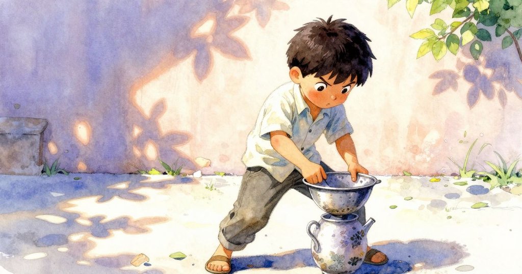 男孩低角度展現堅定神情，傾斜沉重茶篩中茶葉滑動，敘事進入由發展至高潮的瞬間