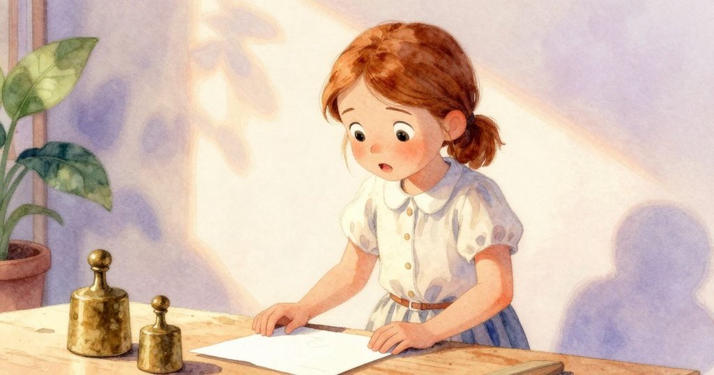 女孩在室內包裝桌旁喊話，桌上有黃銅砝碼與筆記本，情節從發展轉向轉折的關鍵時刻