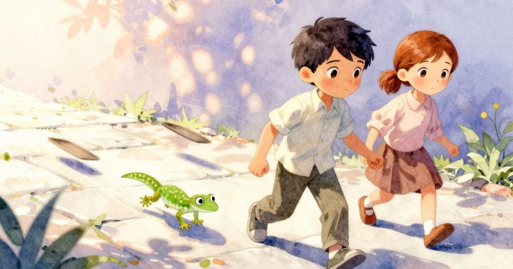 壁虎猛然躍動於男孩身旁，托盤跌落石徑，螞蟻快速聚集，場景達到追逐高潮與轉變