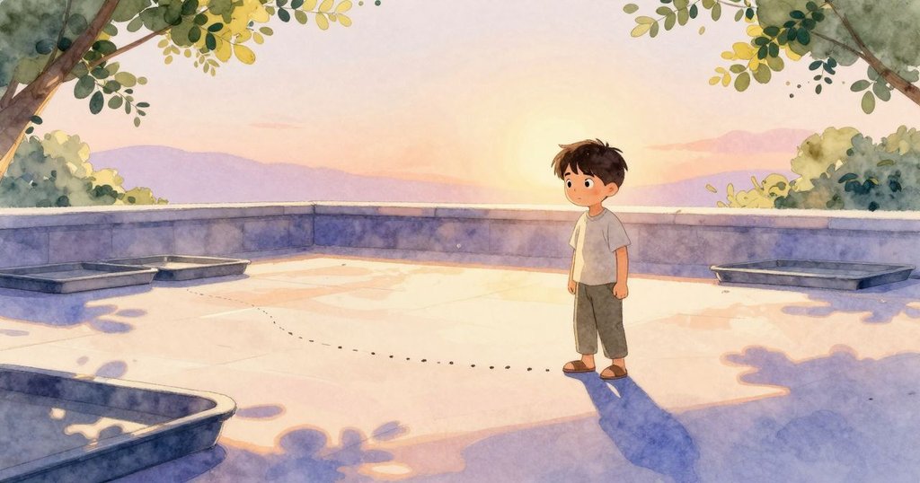 男孩在露台上穩住動作，散落托盤漸歸平靜，螞蟻稀疏退去，情節由高潮過渡到寧靜結尾